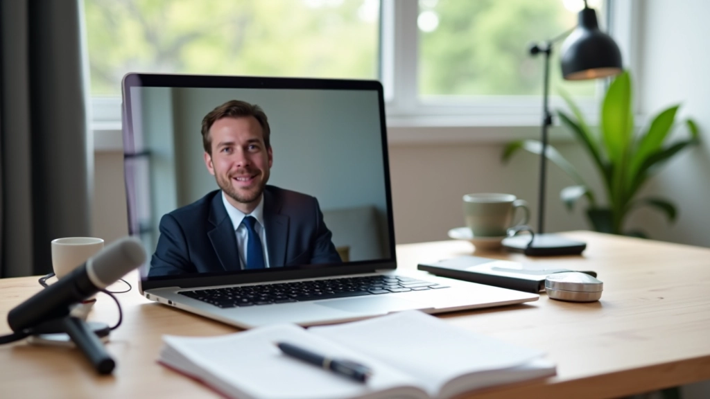Organized desk workspace with laptop, microphone, notes, and professional setup ready for virtual presentation delivery