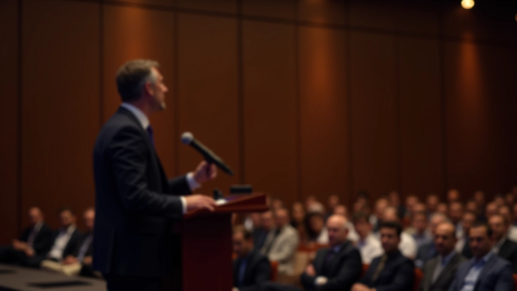 Professional speaker presenting confidently to attentive audience in modern conference hall