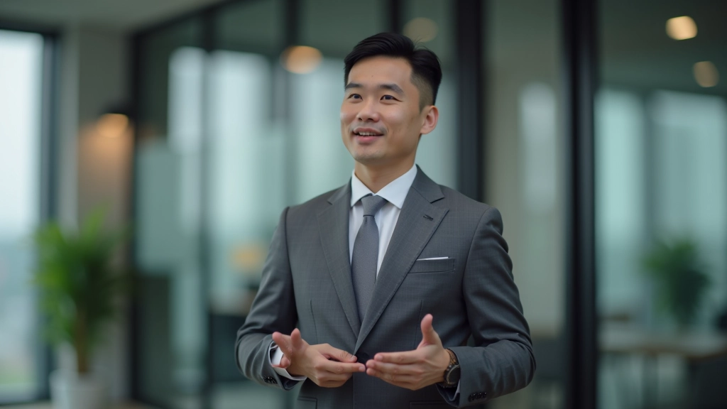 Man standing confidently with hand gestures while speaking at business presentation