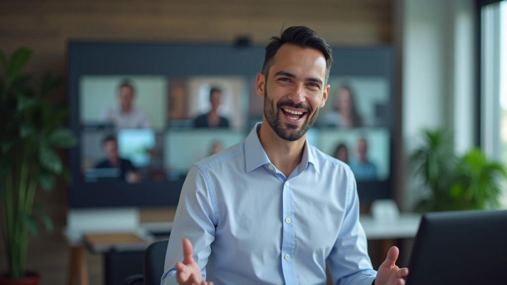Man presenting to virtual meeting attendees on multiple screens, engaged and animated expression, professional home office setting with clear camera positioning