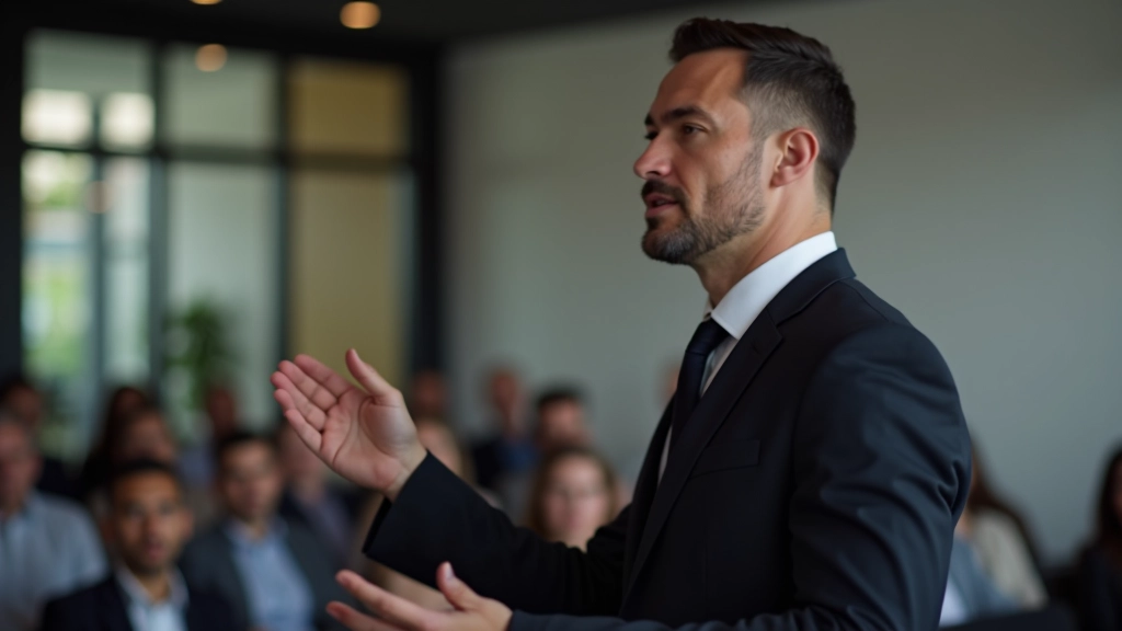 Professional presenter demonstrating open palm gesture while speaking to engaged audience members