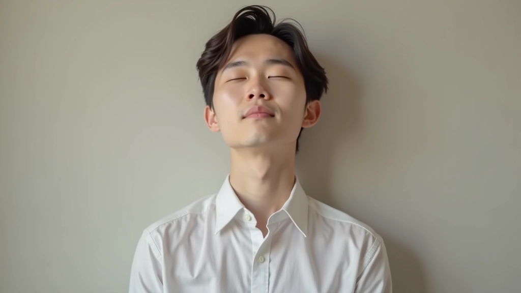 Person taking deep calming breath before presentation, peaceful moment, soft lighting