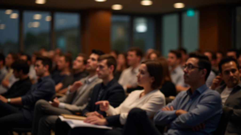Diverse group of professionals sitting in seminar room taking notes during presentation