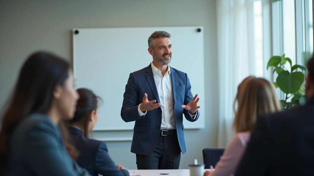 Professional trainer conducting interactive speaking workshop with engaged participants in modern training facility