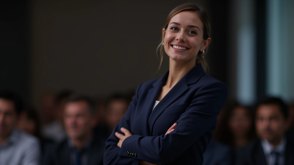 Professional woman confidently presenting on stage in front of an engaged audience