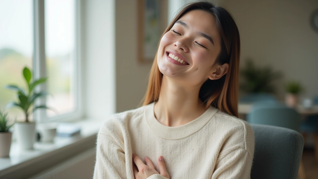 Woman demonstrating proper breathing posture, hand on chest, calm centered expression, meditation stance