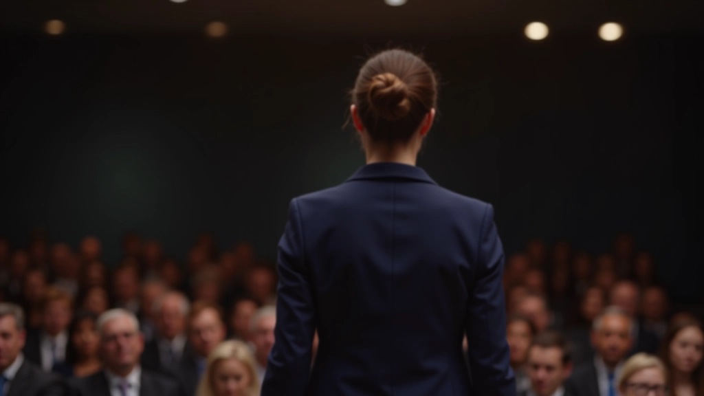 Professional woman at podium demonstrating confident body language with audience in background