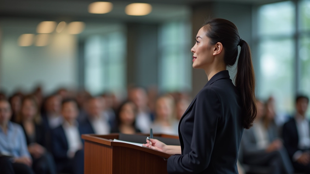 Woman in professional attire smiling confidently during presentation to audience
